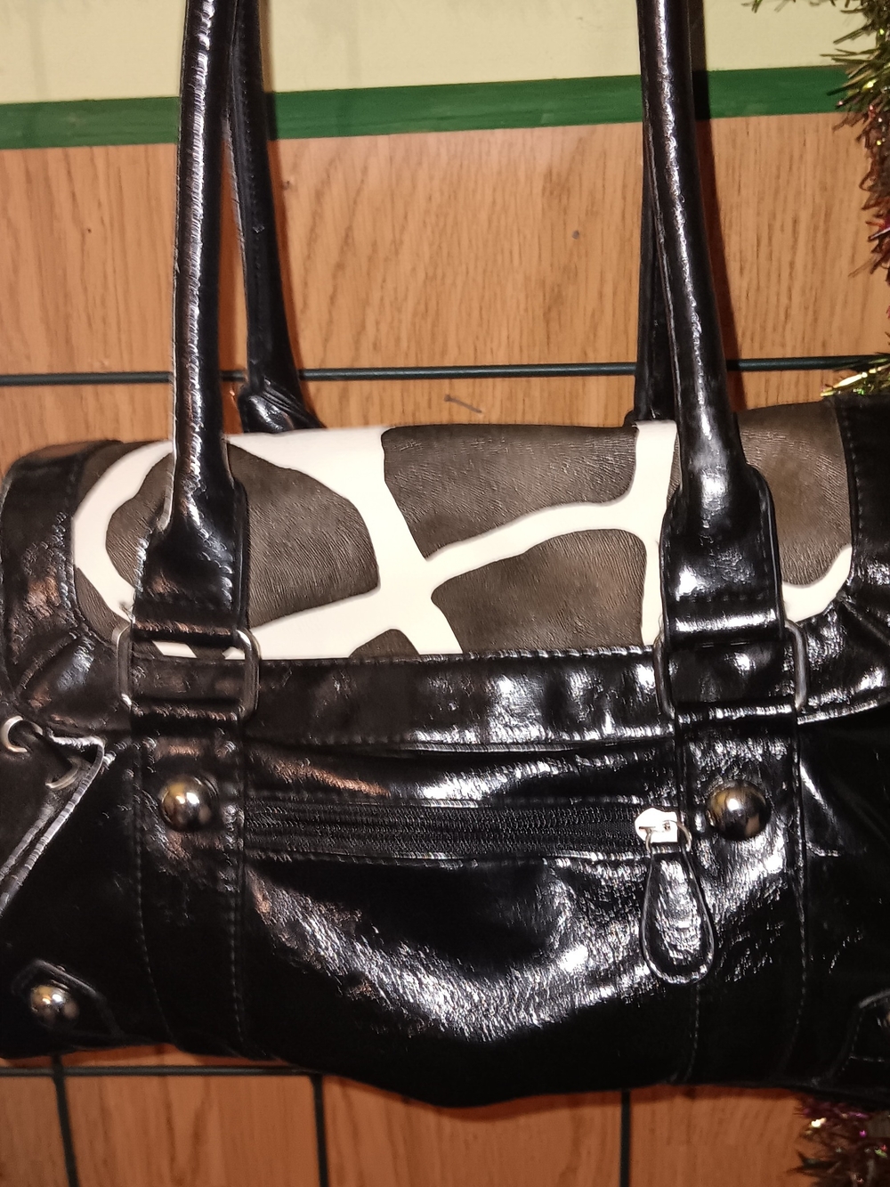 Forever 21 Black Patent Shoulder Bag with White and Brown Accent